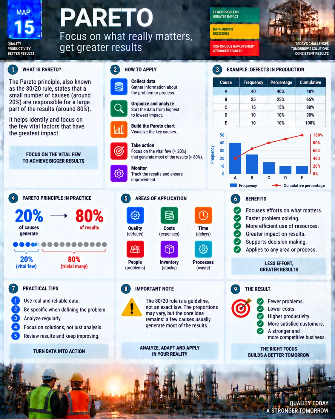 Pareto chart visual map: what it is, how to apply it, defect table and chart, the 80/20 principle and areas of application
