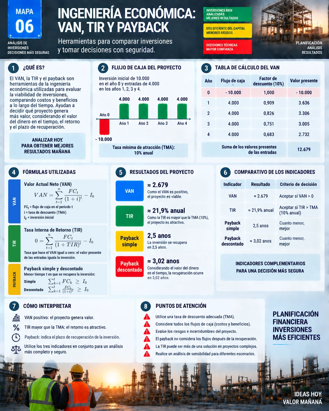 Mapa visual de VAN, TIR y payback: flujo de caja, tabla de valor presente, fórmulas y comparativo de indicadores