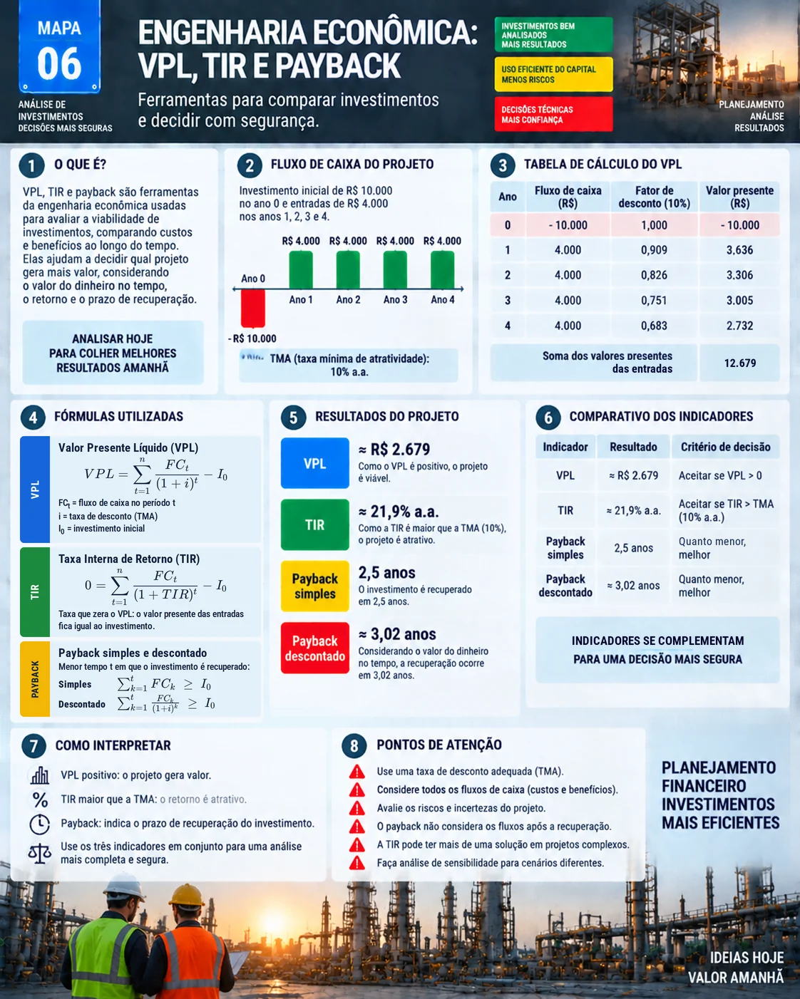Mapa visual de VPL, TIR e payback: fluxo de caixa, tabela de valor presente, fórmulas e comparativo dos indicadores